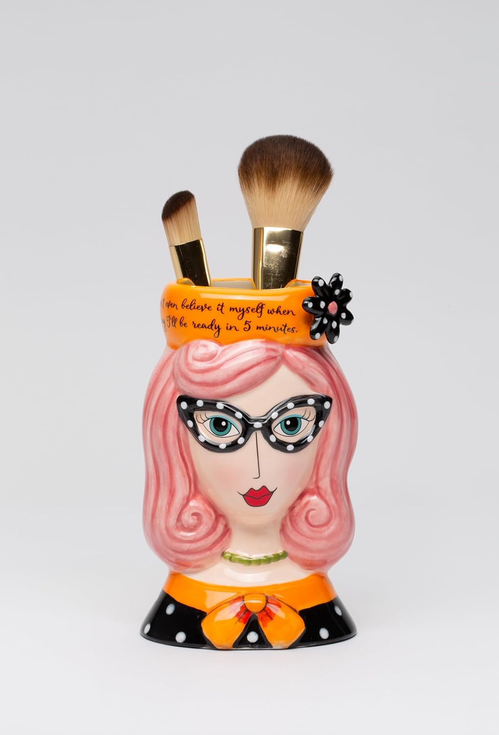 Cosmos Gifts Fine Ceramic Lady Pink Hair Pencil Vase Makeup Brush Holder 5-5/8" H 62609