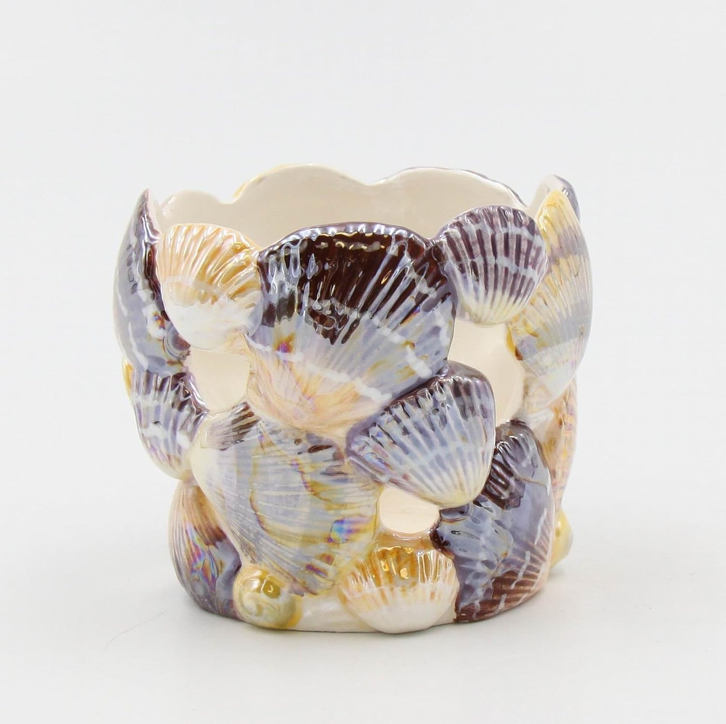 Cosmos Gifts Fine Ceramic Seashell Design Votive Tealight Candle Holder 3 In Multicolor