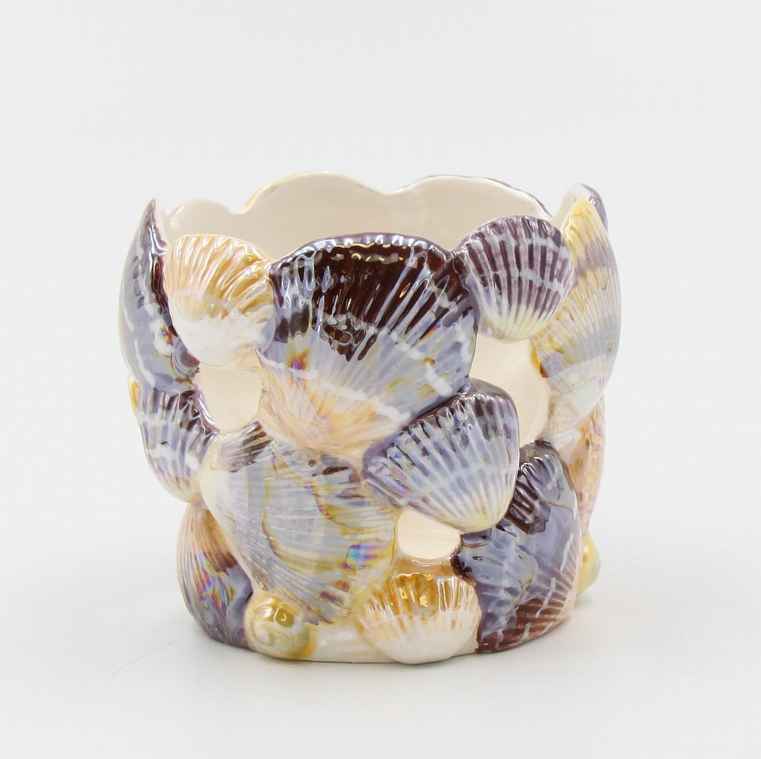 Cosmos Gifts Fine Ceramic Seashell Design Votive Tealight Candle Holder 3 In Multicolor