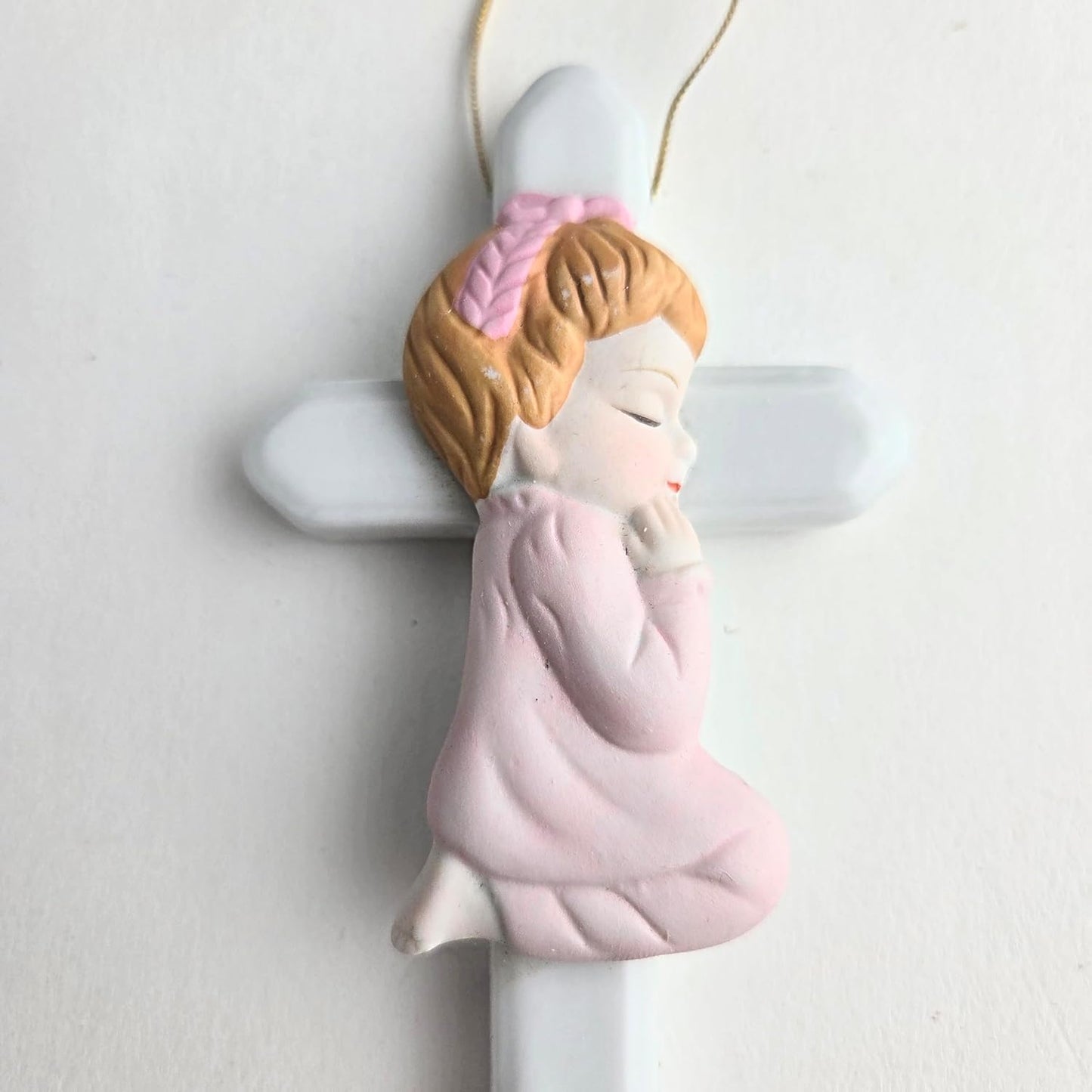 Party Favors Plus Pink White Ceramic Praying Angel Cross Ornament 4 Inch Set of 2