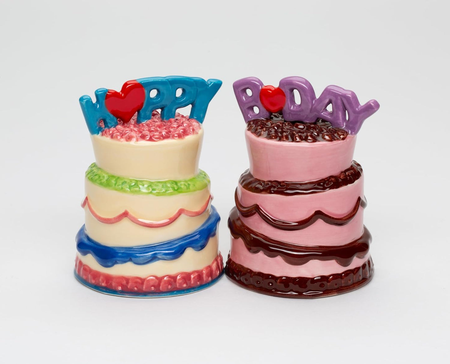 Cosmos Gifts Fine Ceramic Happy Birthday Cakes Salt and Pepper Shakers Set 3-1/4" H Pink Blue Purple
