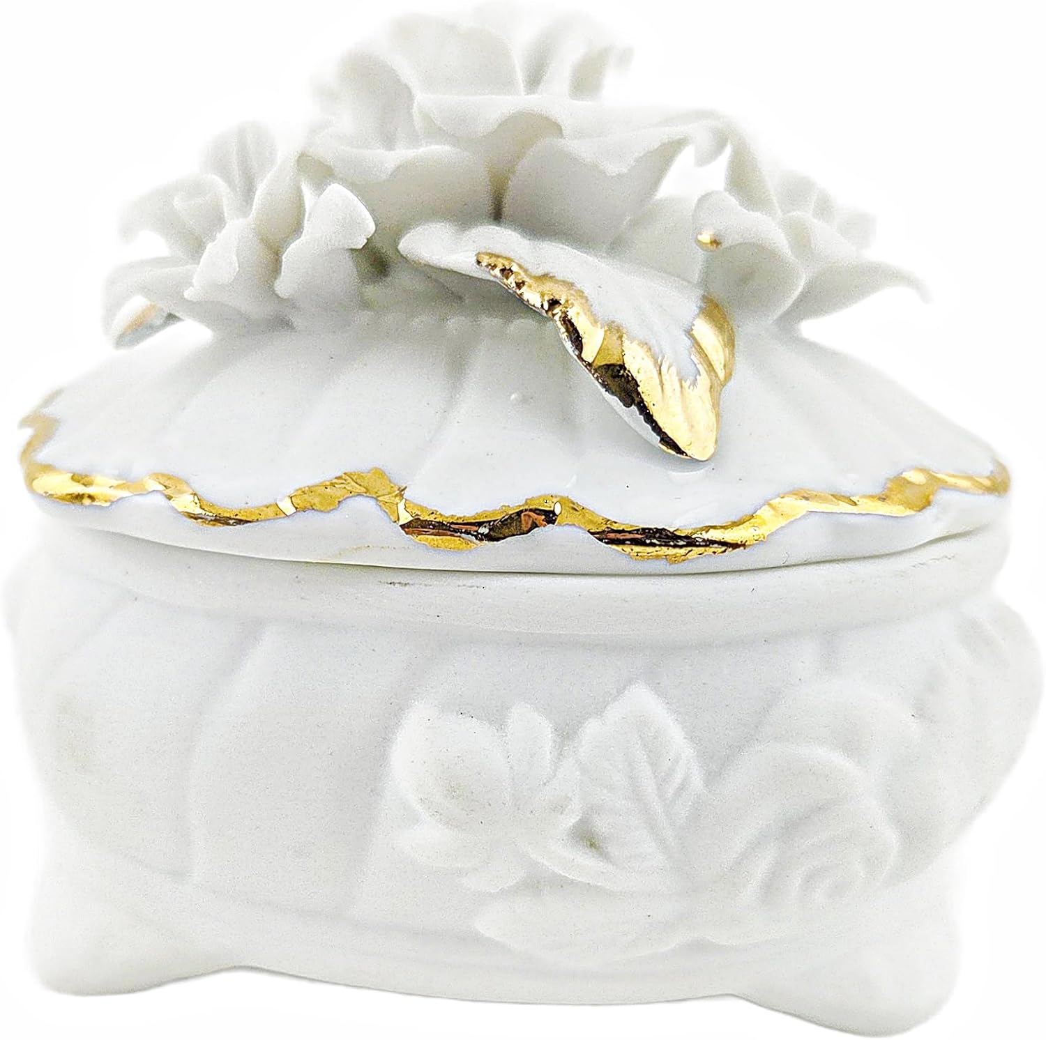 Party Favors Plus Heart-Shaped Porcelain Trinket Box White Gold Floral 3.5 Inch