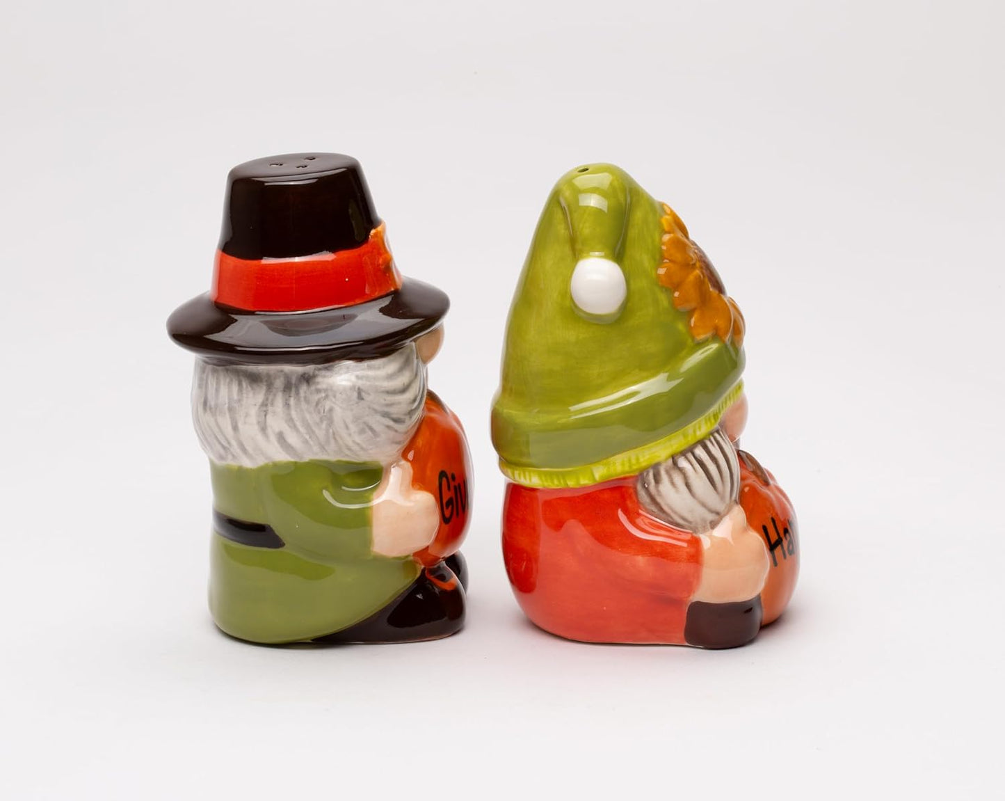Fine Ceramic Gnome Thanksgiving Pumpkin Happy Fall Gives Thanks Salt & Pepper Shakers Set, 3-3/4" H