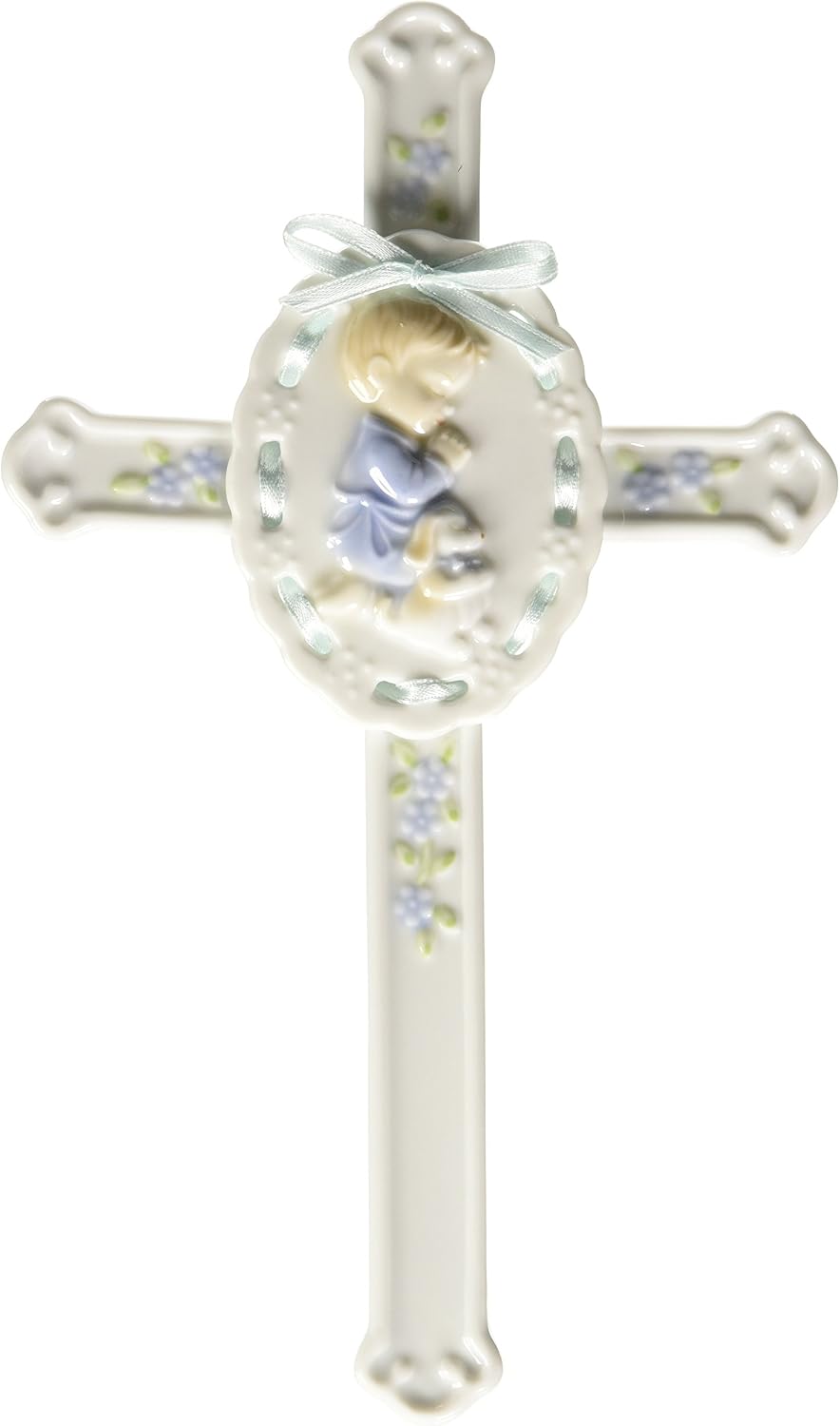 Cosmos Fine Porcelain Praying Boy Cross with Blue Ribbon Figurine 8-1/2" H