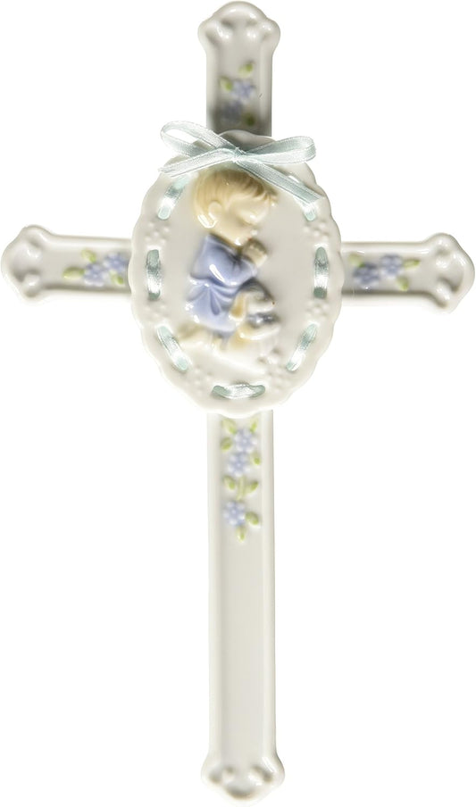 Cosmos Fine Porcelain Praying Boy Cross with Blue Ribbon Figurine 8-1/2" H