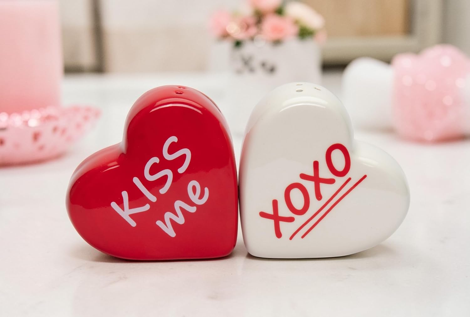 Cosmos Gifts Fine Ceramic Valentine Kiss Me Love Red Heart Salt & Pepper Shakers Set 2-1/2" H