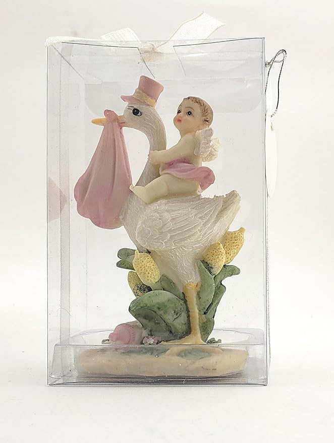 Pink and White Baby Angel and Stork Figurines, 2 Pieces