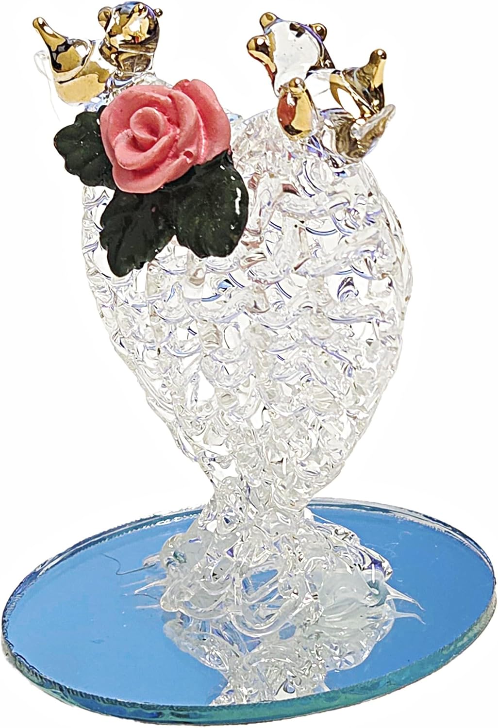 Party Favors Plus Glass Heart Figurine Gold Love Birds Pink Rose 2.5 Inch