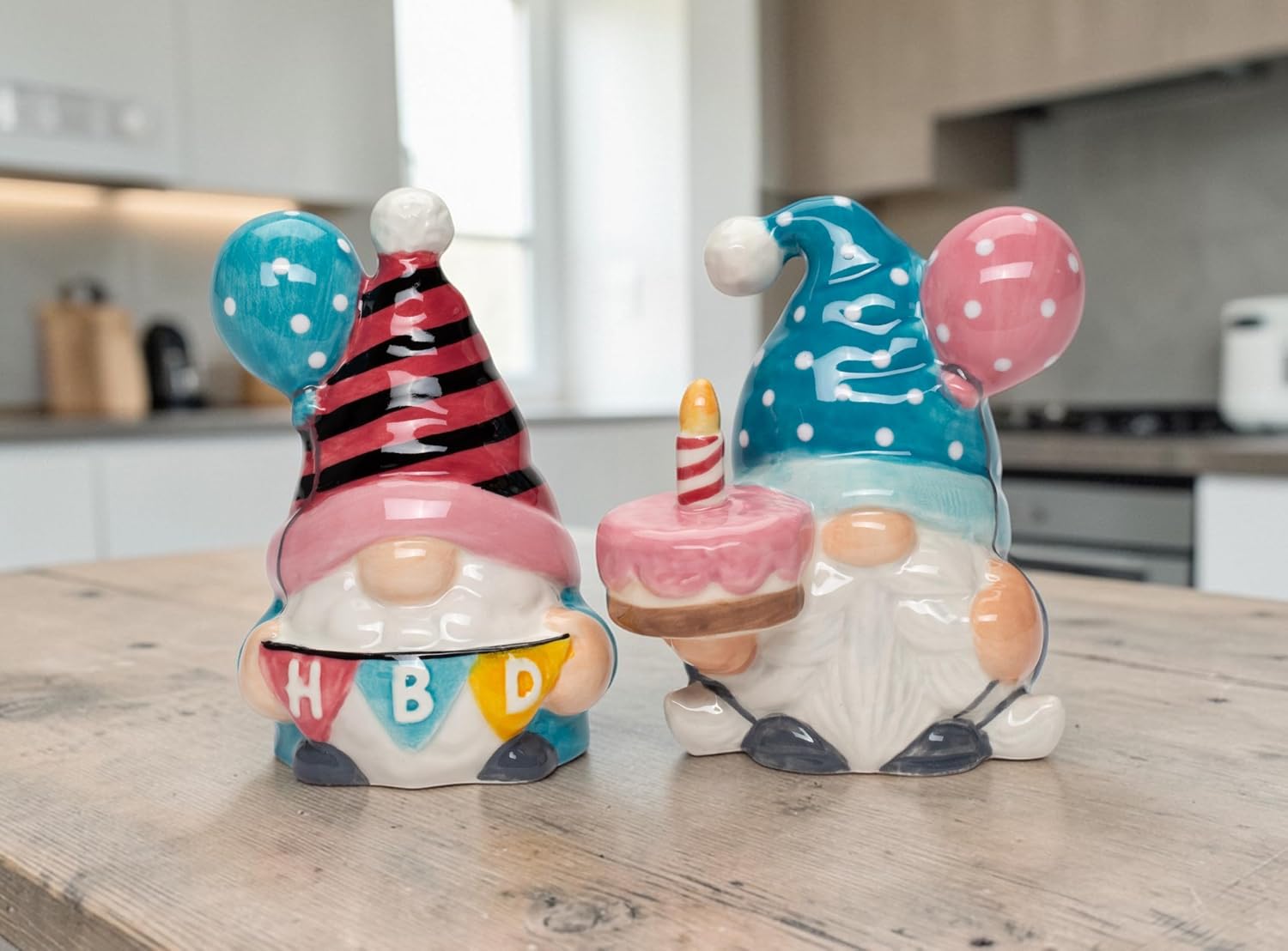 Cosmos Gifts Fine Ceramic Happy Birthday Gnome Couple Salt and Pepper Shakers Set 3-5/8" H Pink Blue White