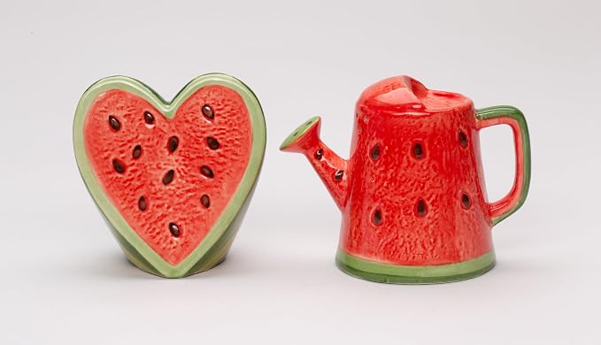Cosmos Gifts Fine Ceramic Summer Love Red Heart Watermelon and Watermelon Watering Can Salt & Pepper Shakers Set 3-7/8" H