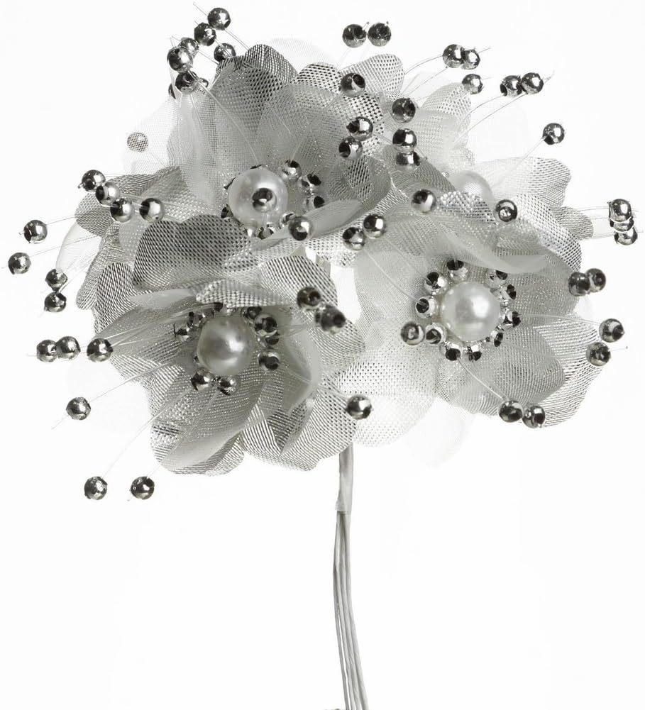 Party Favors Plus Silver Satin Pearl Organza Flowers 72 Count