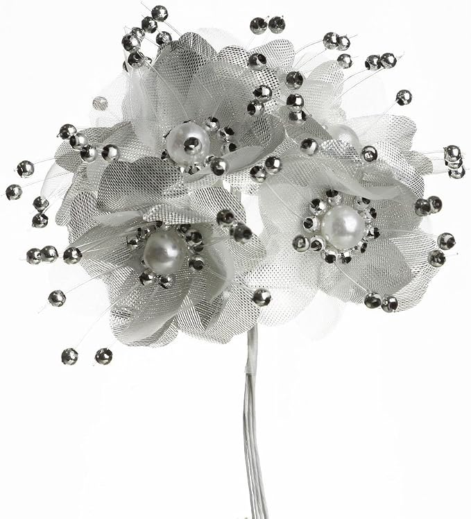 Party Favors Plus Silver Satin Pearl Organza Flowers 72 Count