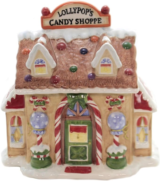 Cosmos Ceramic Santa's Village Candy Jar 8-1/2-Inch