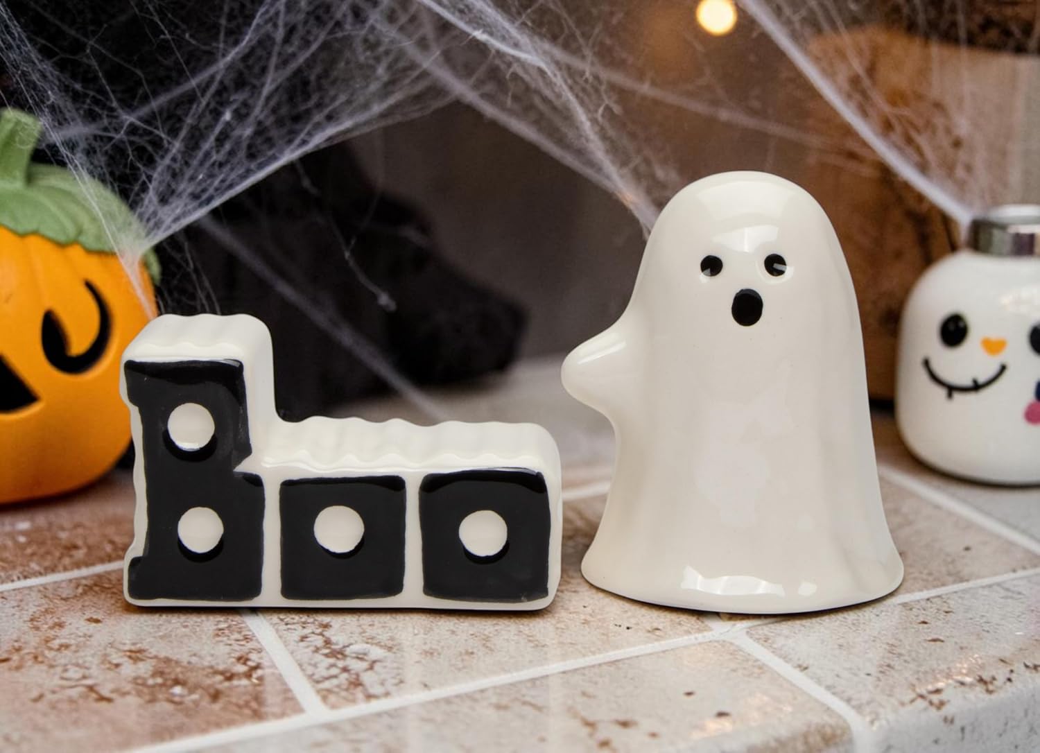 Cosmos Gifts Ceramic Ghost & Boo Halloween Salt and Pepper Shakers Set 3-3/8" H 21069
