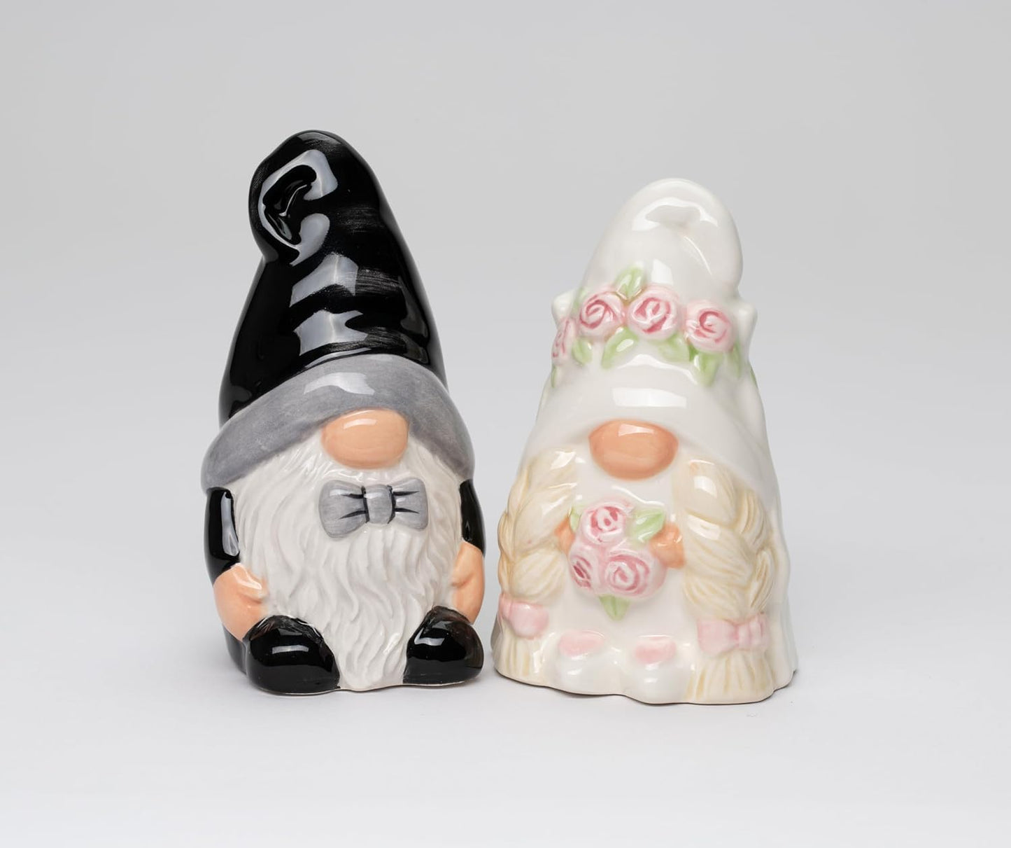 Cosmos Gifts Fine Ceramic Wedding Gnome Bride & Groom Salt and Pepper Shakers Set 4" H Black White Beige