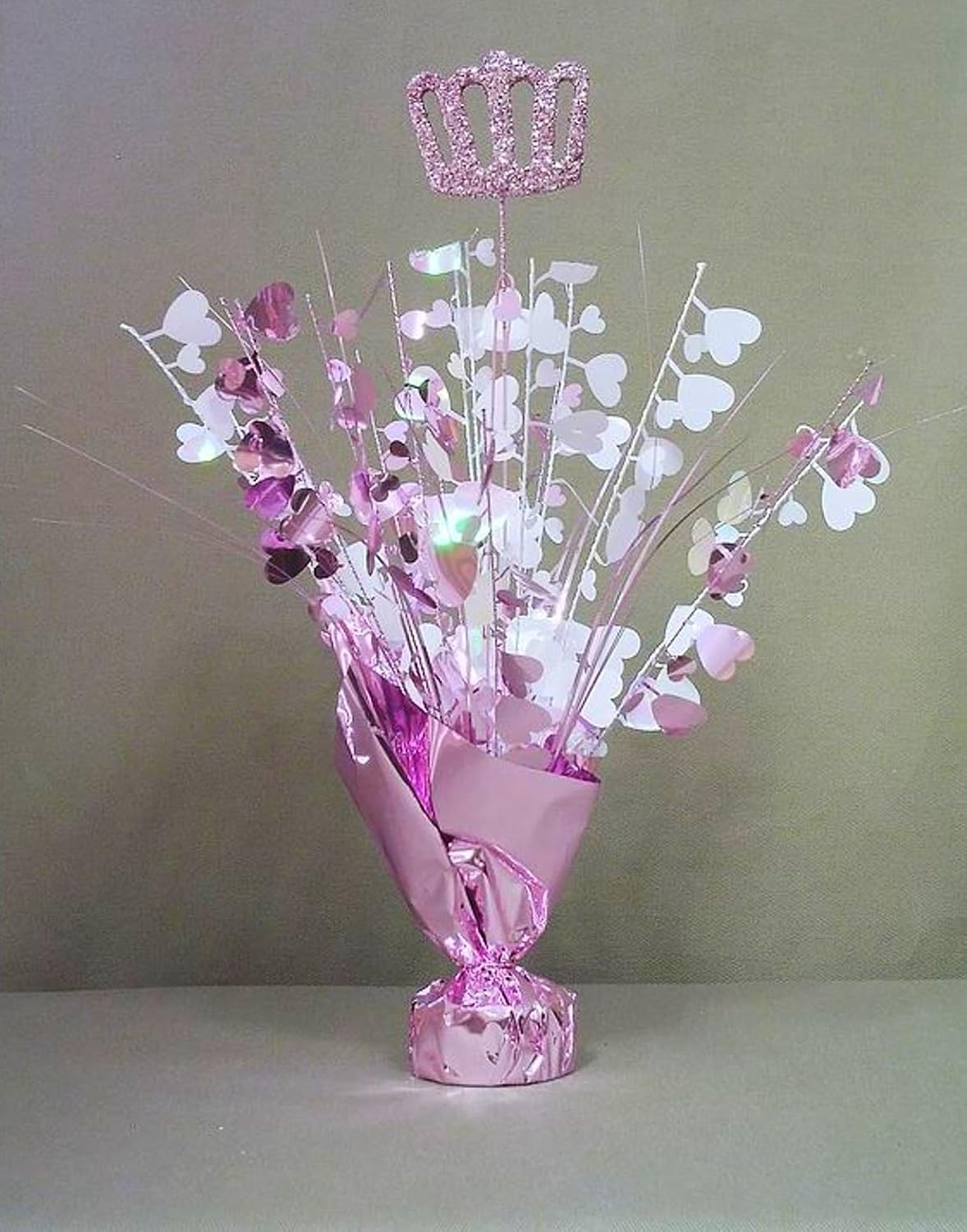 Pink Glitter Crown Balloon Weight Centerpiece with Hearts 2pc