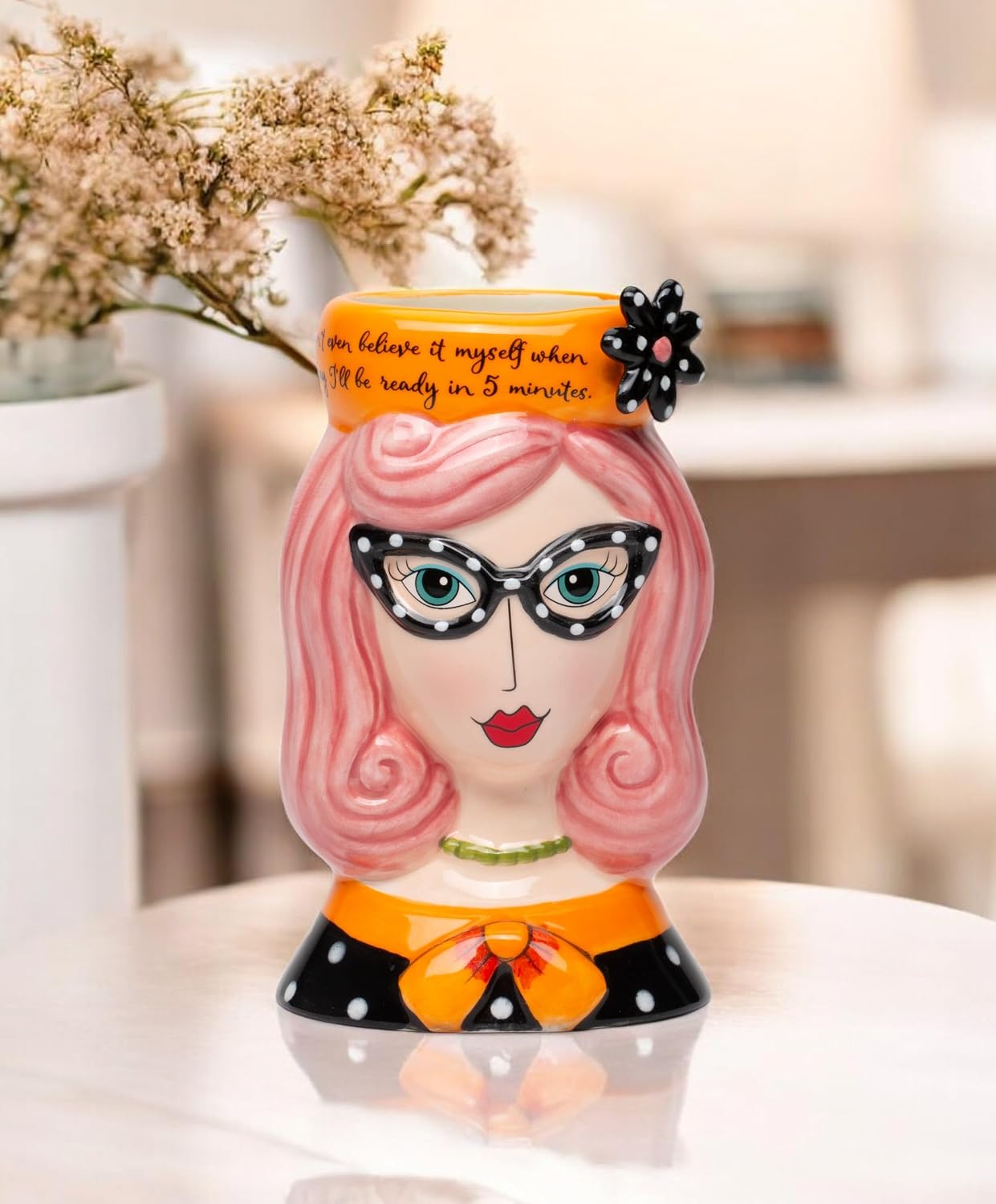 Cosmos Gifts Fine Ceramic Lady Pink Hair Pencil Vase Makeup Brush Holder 5-5/8" H 62609