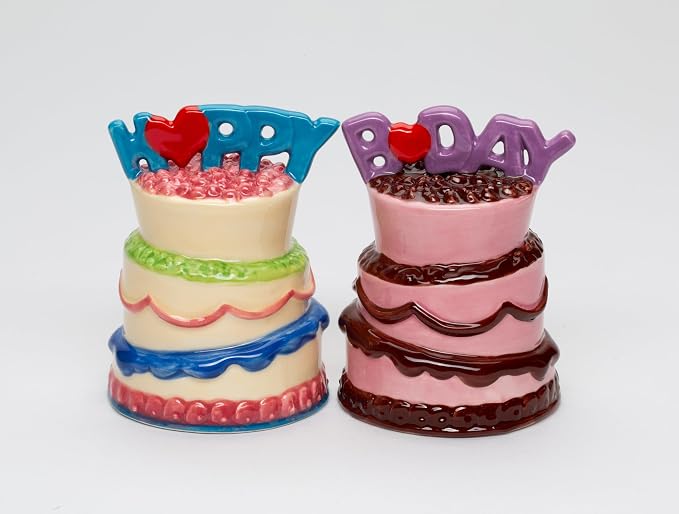 Cosmos Gifts Fine Ceramic Happy Birthday Cakes Salt and Pepper Shakers Set 3-1/4" H Pink Blue Purple