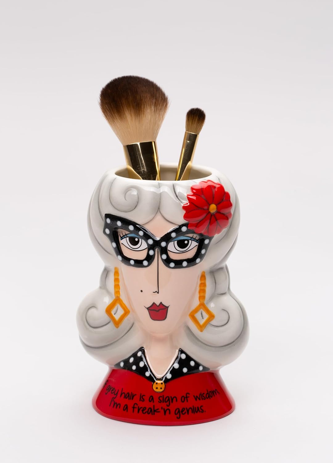 Cosmos Gifts Fine Ceramic Dolly Mama's Fashion Eyeglasses Lady Makeup Brushes Holder Vase 5-1/2" H