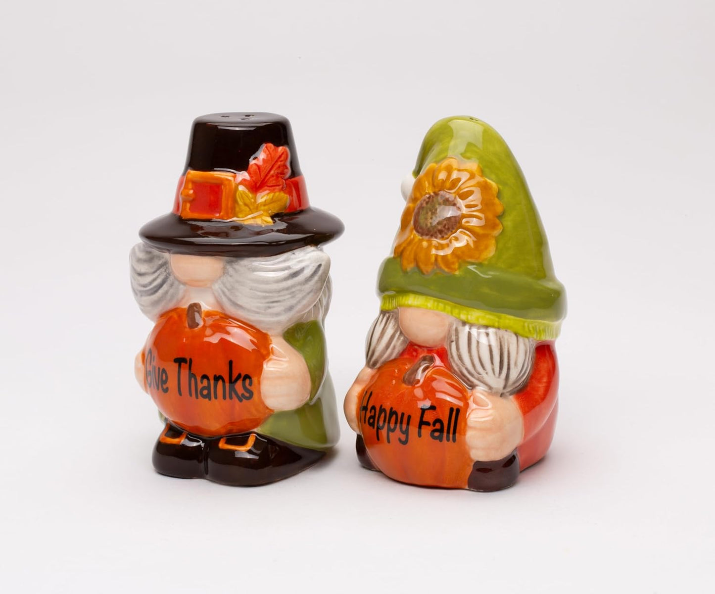 Fine Ceramic Gnome Thanksgiving Pumpkin Happy Fall Gives Thanks Salt & Pepper Shakers Set, 3-3/4" H