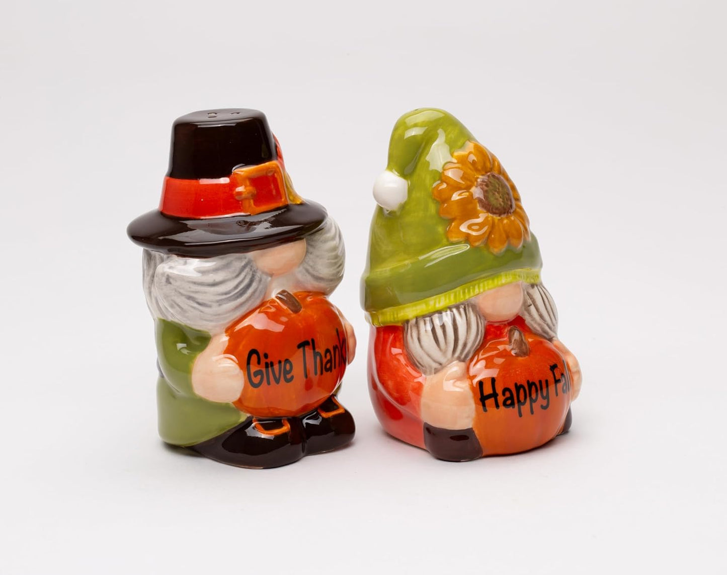 Fine Ceramic Gnome Thanksgiving Pumpkin Happy Fall Gives Thanks Salt & Pepper Shakers Set, 3-3/4" H