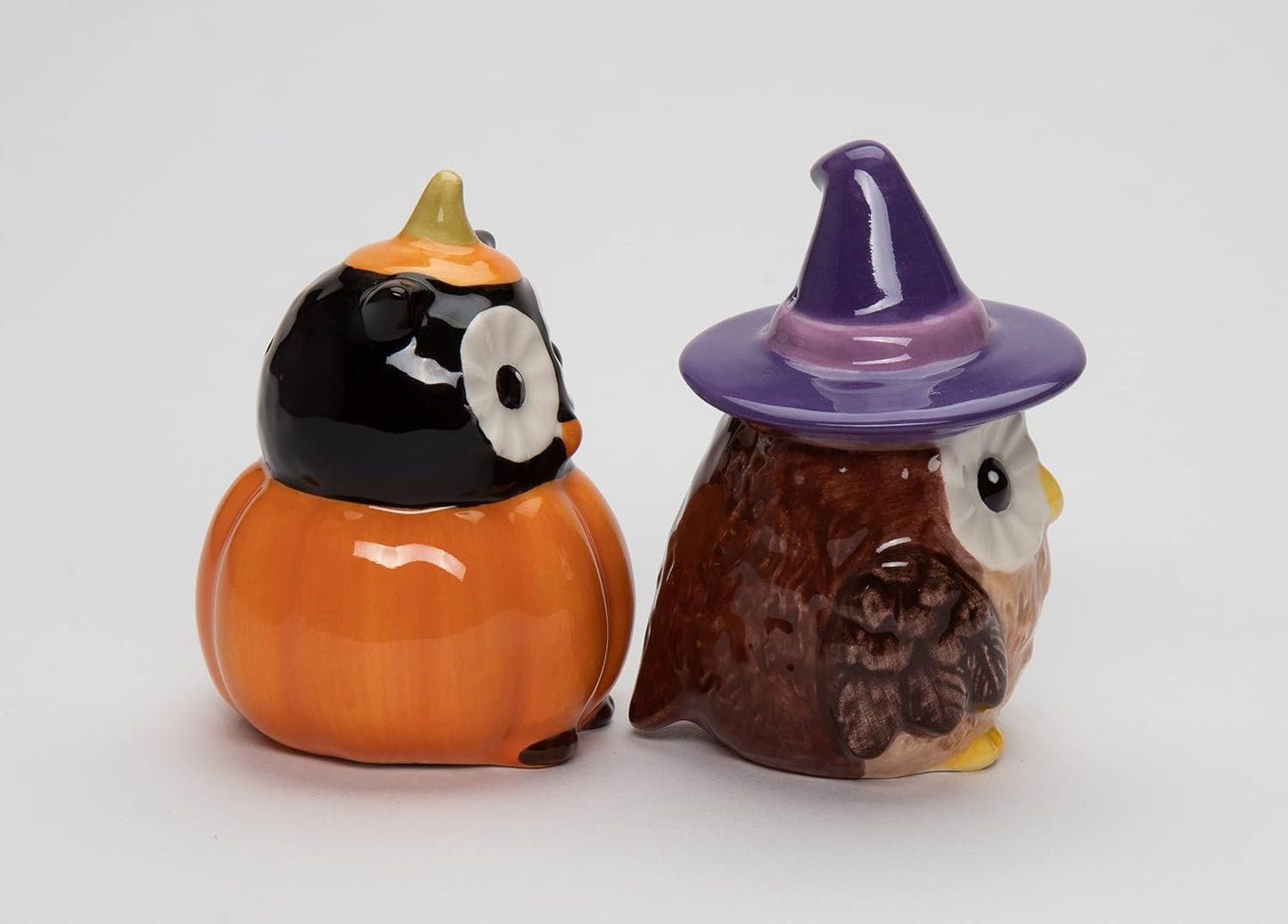 Cosmos Gifts Ceramic Halloween Pumpkin and Witch Owls Salt and Pepper Shakers 3 In Orange