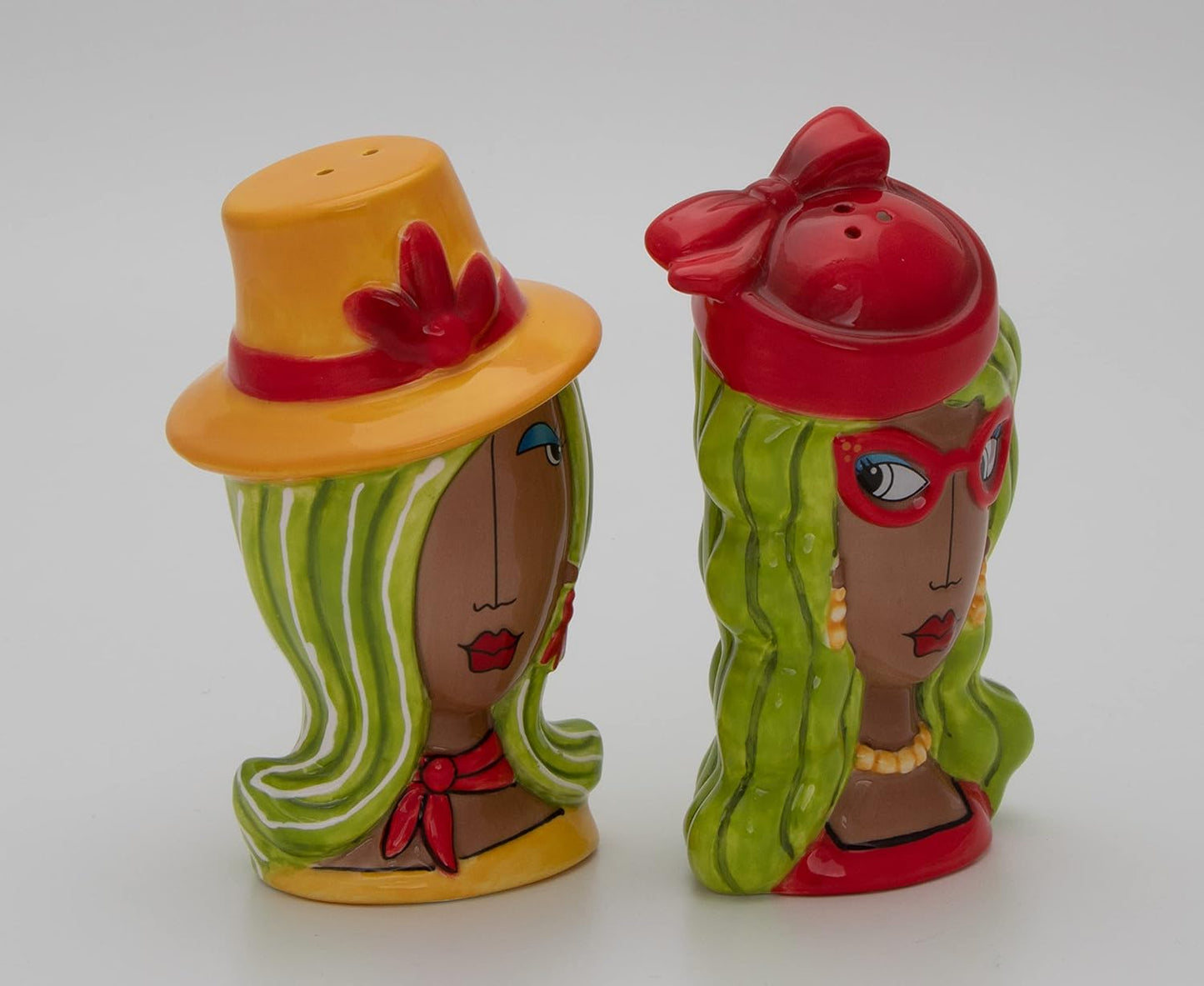 Cosmos Gifts Fine Ceramic Dollymamas African American Fashion Lady with Hats Salt & Pepper Shakers Set 4-1/2" H 62622