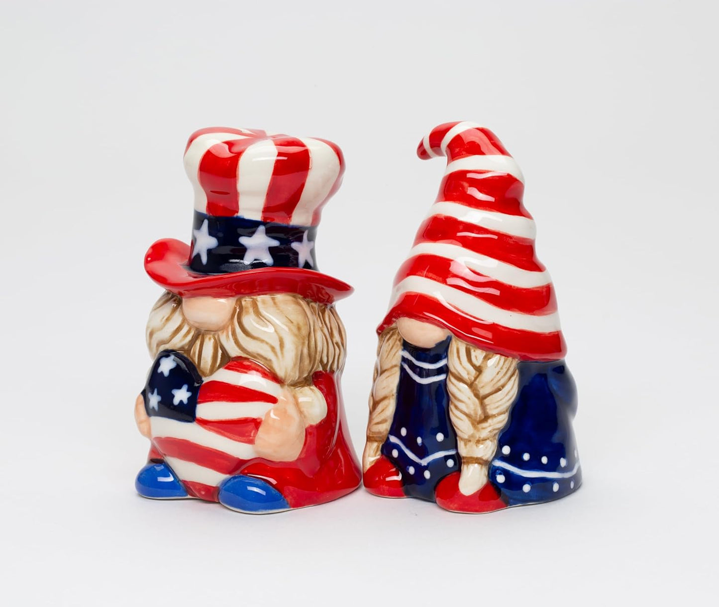 Cosmos Gifts Fine Ceramic Fourth of July Independence Day Gnome Patriotic Couple Salt and Pepper Shakers Set 3-5/8" H Red White Blue