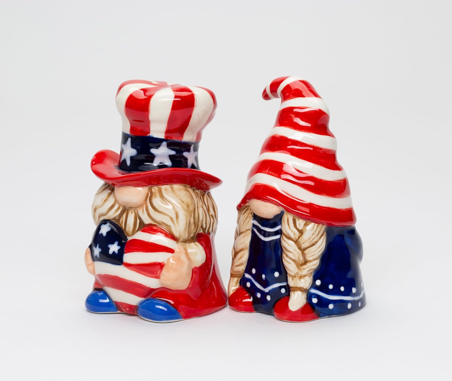 Cosmos Gifts Fine Ceramic Fourth of July Independence Day Gnome Patriotic Couple Salt and Pepper Shakers Set 3-5/8" H Red White Blue