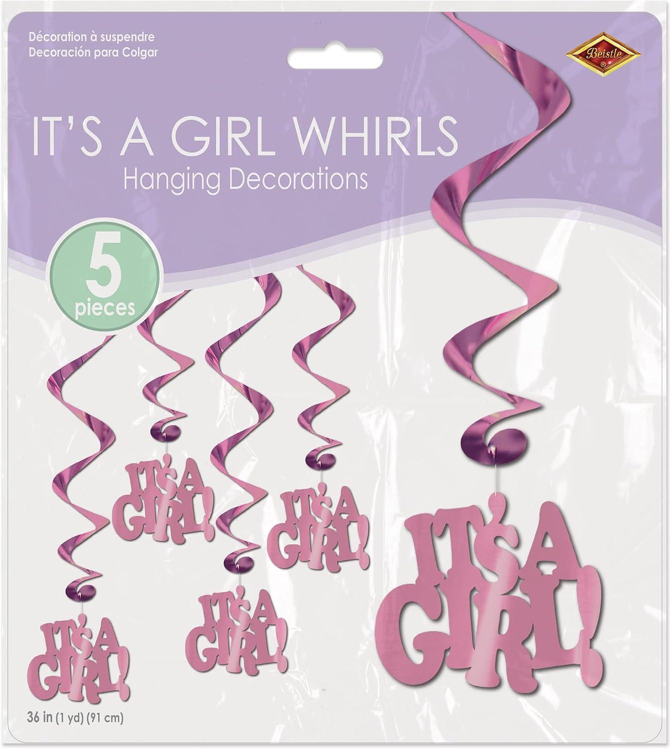 Beistle It's A Girl Whirls Pink Metallic Hanging Decorations 3 Ft 5 Pack