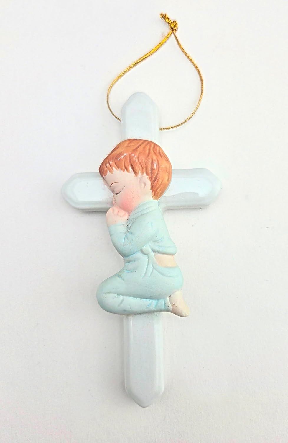Party Favors Plus Blue White Ceramic Praying Angel Cross Ornament 4.75 Inch