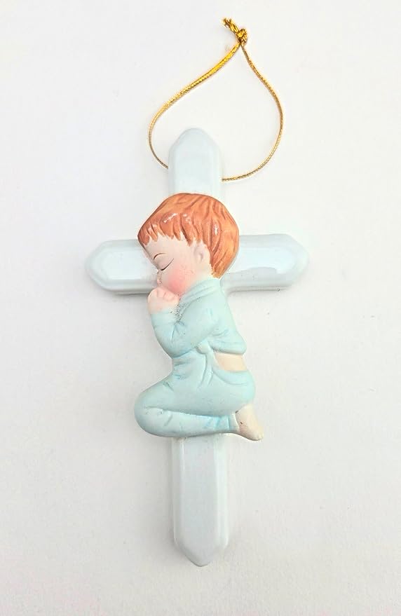 Party Favors Plus Blue White Ceramic Praying Angel Cross Ornament 4.75 Inch