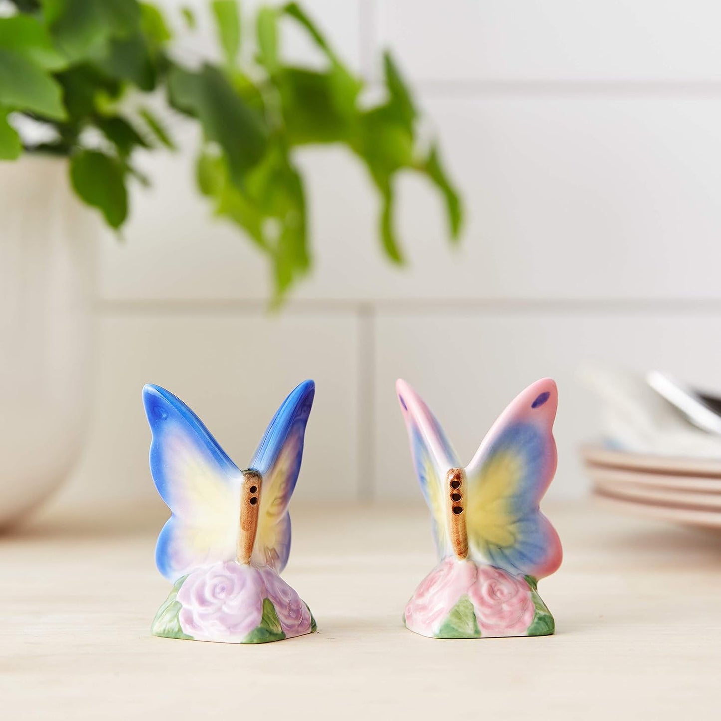 Cosmos Gifts Fine Porcelain Butterfly Salt and Pepper Shakers Set 3" H Blue, Pink, Yellow