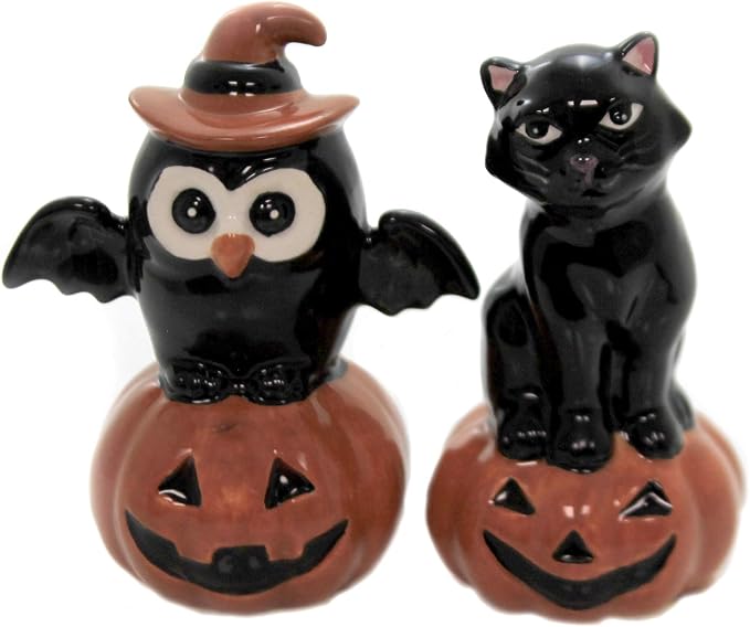 Cosmos Gifts Fine Ceramic Black Cat & Owl on Pumpkin Salt & Pepper Shakers Set 3-3/4" H