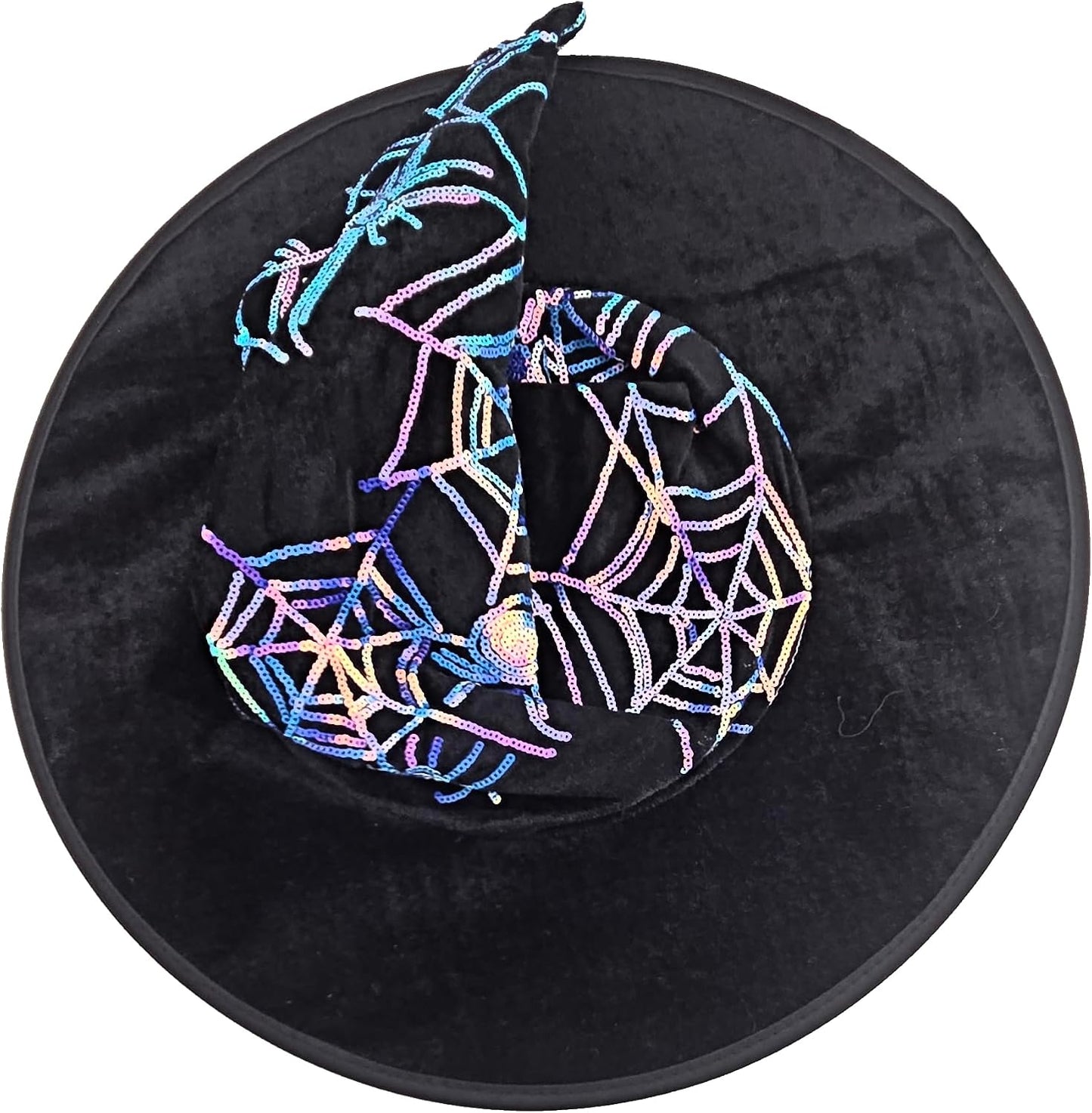 Black Velvet Witch Hat with Blue Iridescent Sequin Spider Webs
