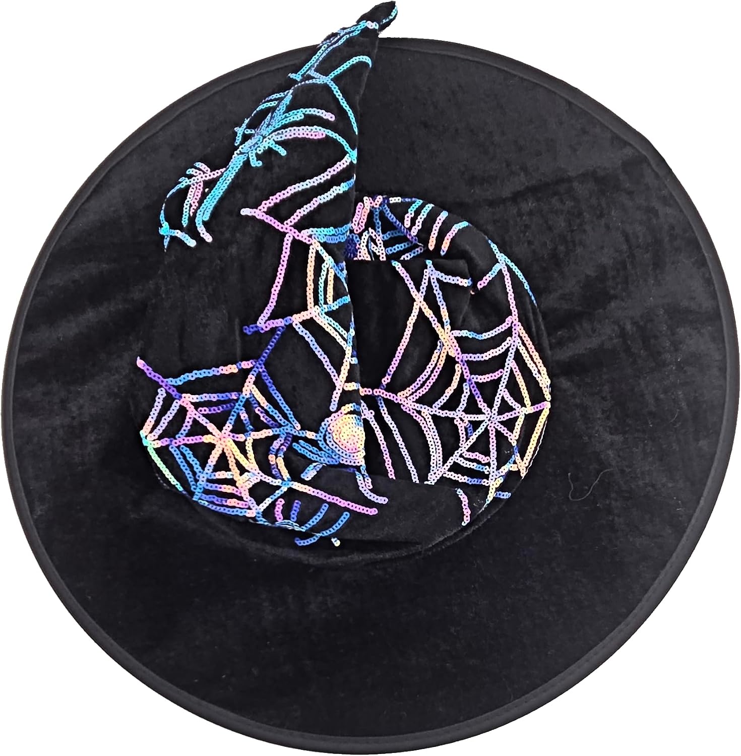 Black Velvet Witch Hat with Blue Iridescent Sequin Spider Webs