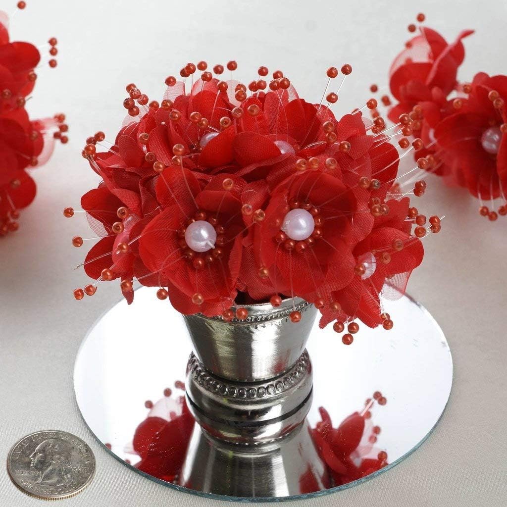 Party Favors Plus Red Satin Organza Pearl Flowers 1.5 Inch 72 Count