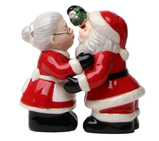 Cosmos Gifts Fine Ceramic Santa Couple Kissing Under The Mistletoe Salt and Pepper Shakers Set 3-3/8" H