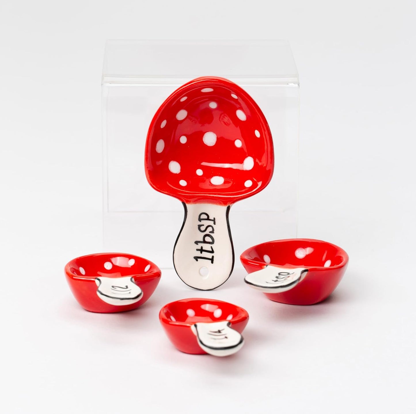 Cosmos Gifts Fine Ceramic Mushroom Measuring Spoons 4-Piece Set 1-Pack Red