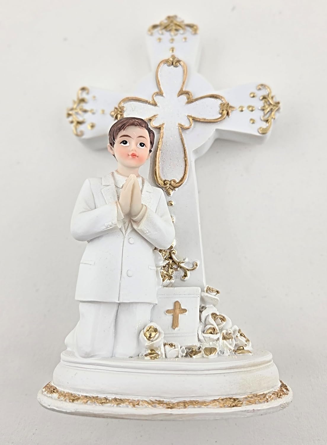 Party Favors Plus First Communion Boy Praying Polyresin Figurine Set White Gold 6.5 Inch