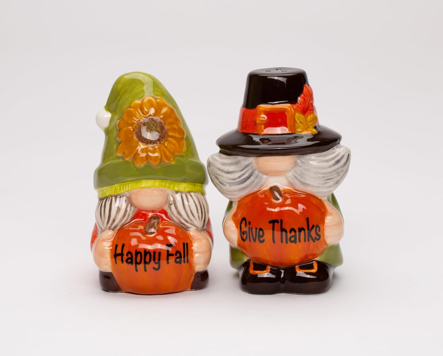 Cosmos Gifts Fine Ceramic Gnome Thanksgiving Pumpkin Happy Fall Salt & Pepper Shakers Set 3-3/4" H