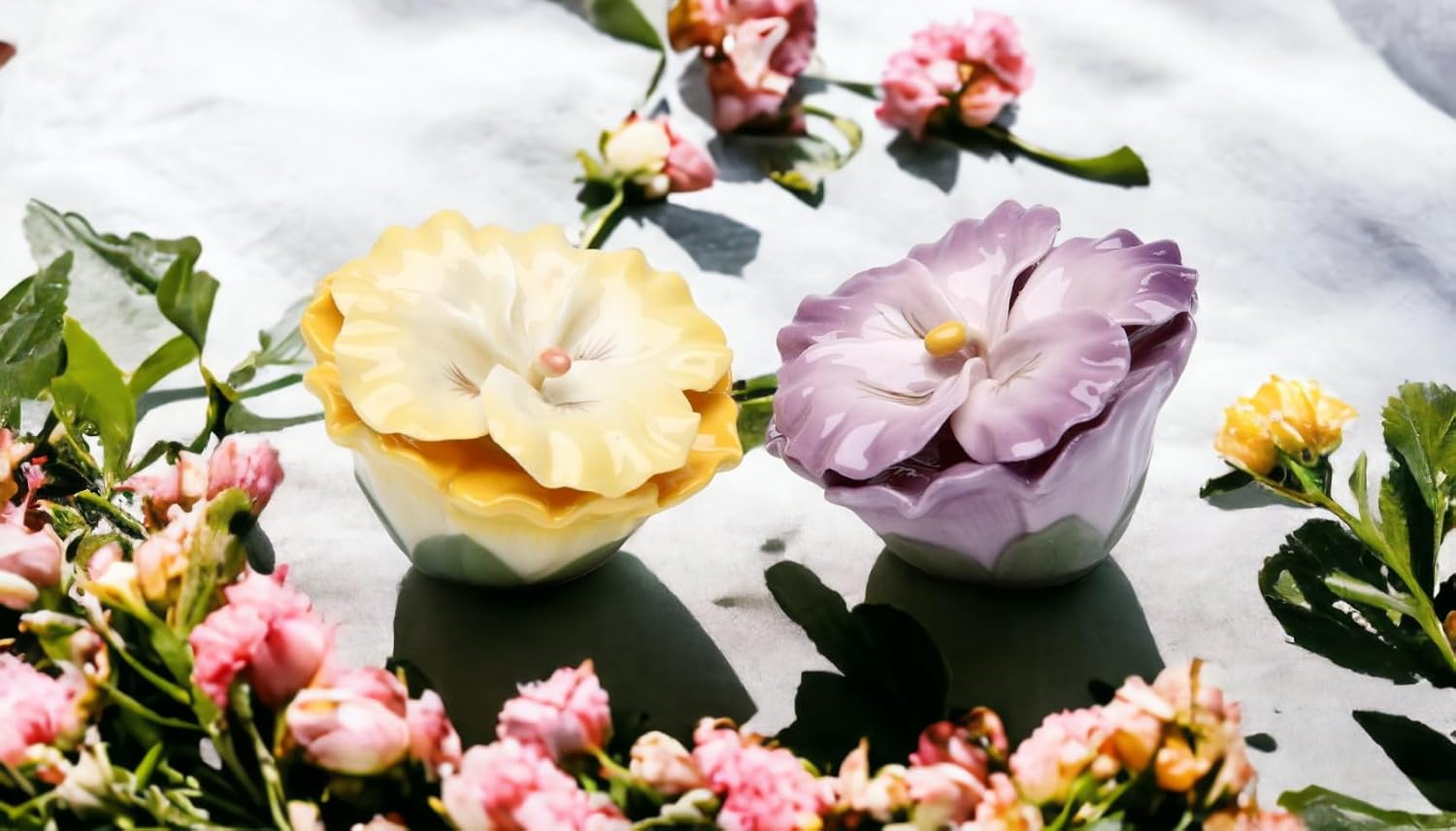 Cosmos Gifts Fine Porcelain Hand Painted Yellow & Purple Pansy Flowers Salt & Pepper Shakers Set 2-3/4" H