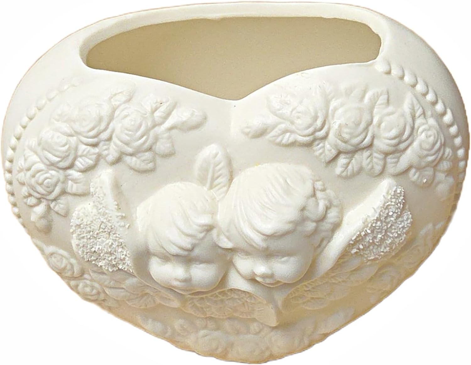 Party Favors Plus Heart-Shaped Ceramic Planter Vase White Cherub Rose Relief 4x5 Inch