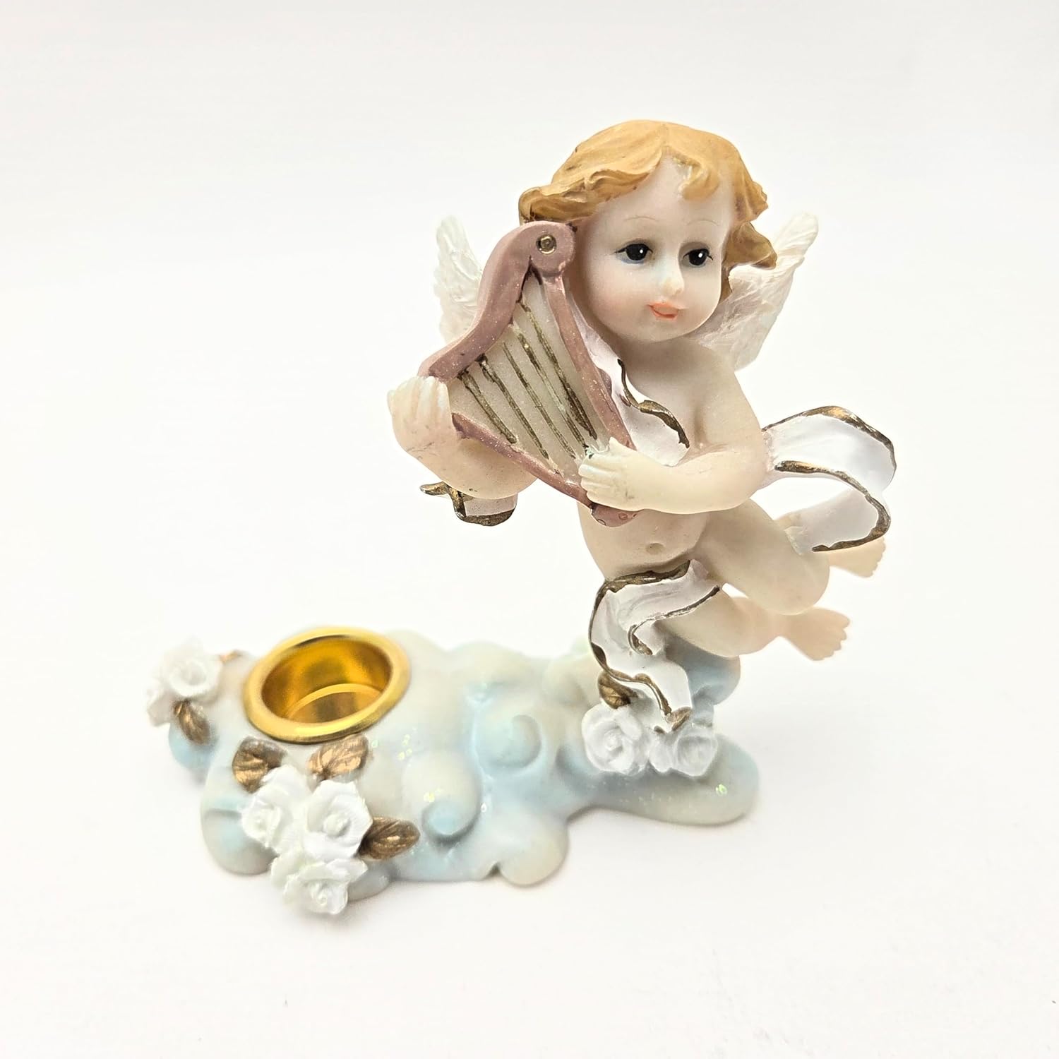 Party Favors Plus White Gold Polyresin Angel Figurine Candle Holder 4 Inch