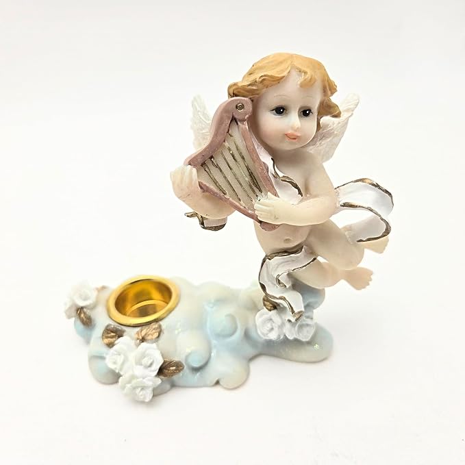 Party Favors Plus White Gold Polyresin Angel Figurine Candle Holder 4 Inch