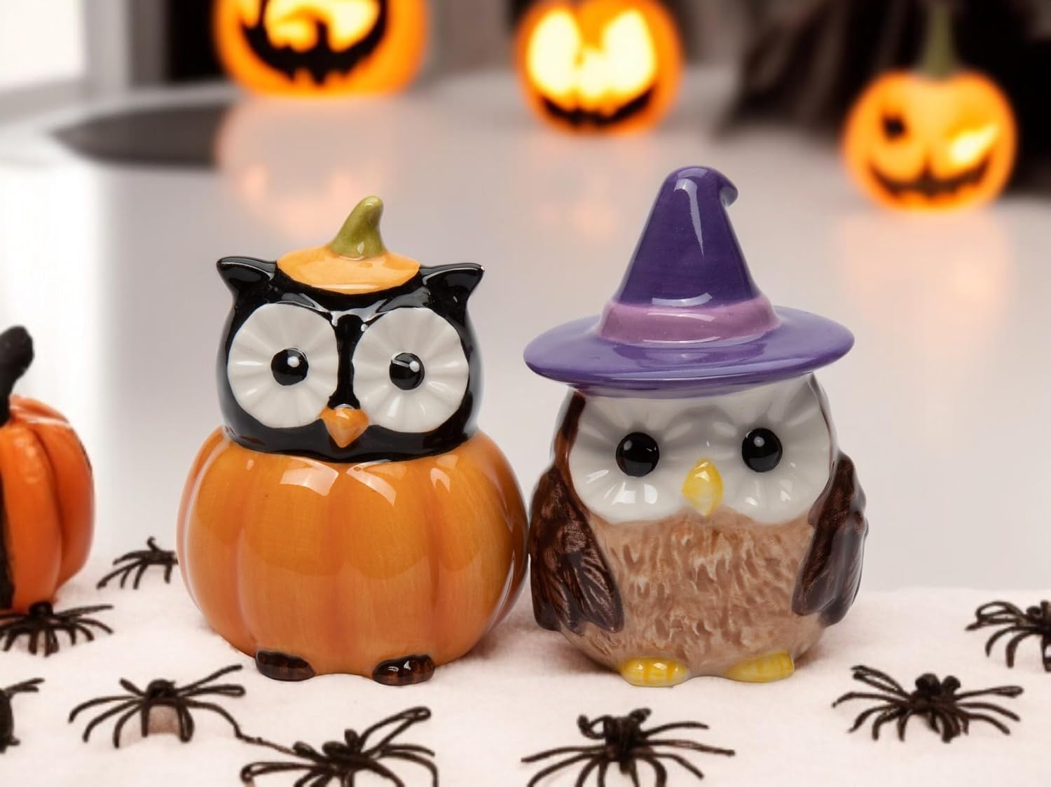 Cosmos Gifts Ceramic Halloween Pumpkin and Witch Owls Salt and Pepper Shakers 3 In Orange