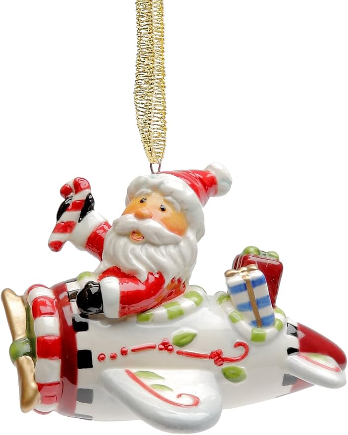 Cosmos Gifts Santa with Airplane Ceramic Ornament 2-1/4" H Red