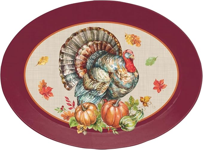 Party Favors Plus Harvest Collection Oval Serving Tray Turkey Pumpkin Burgundy 13 Inch Pack of 2