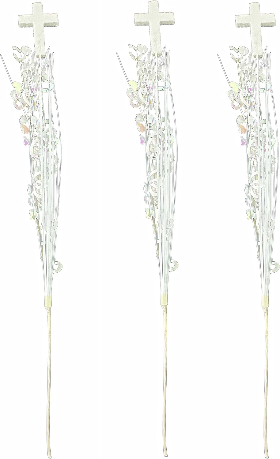 White Cross Iridescent Hearts Onion Grass Metallic Picks, 3 Pieces