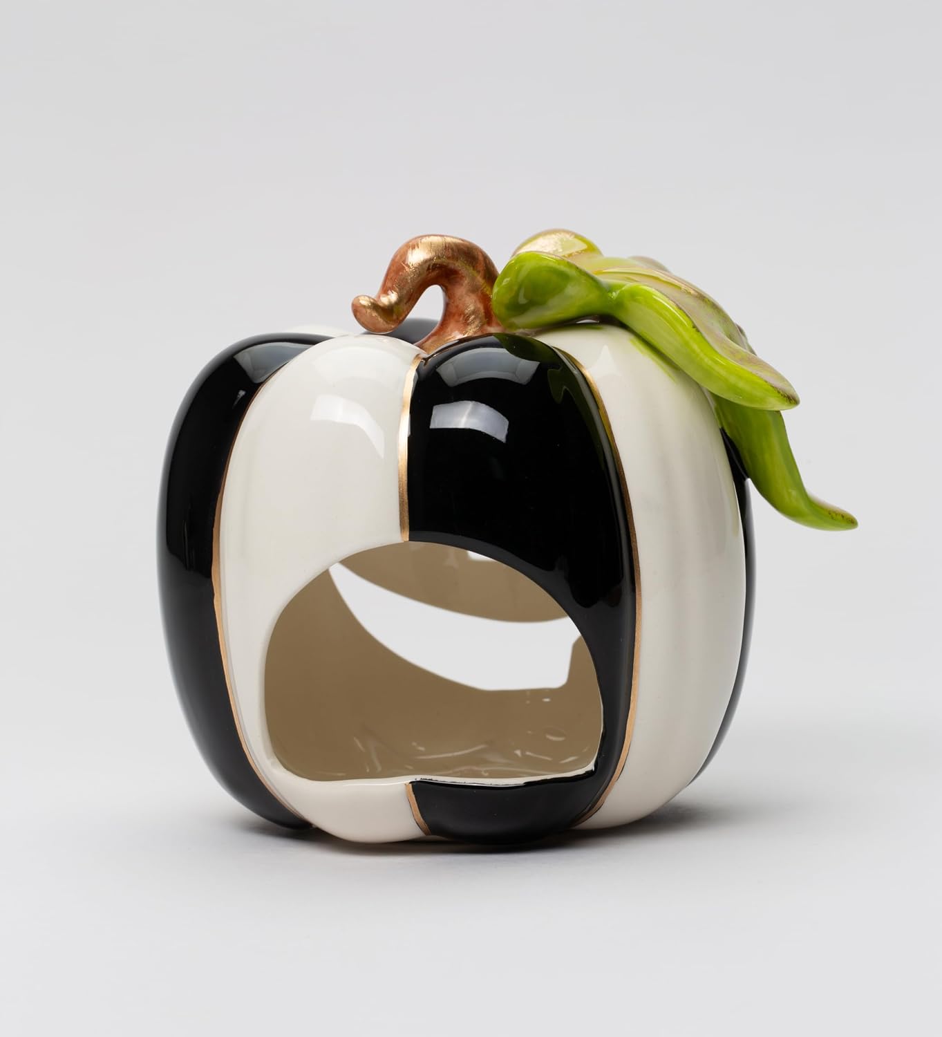 Cosmos Gifts Fine Ceramic White and Black Pumpkin Shaped Tealight Holder 4-1/4" H